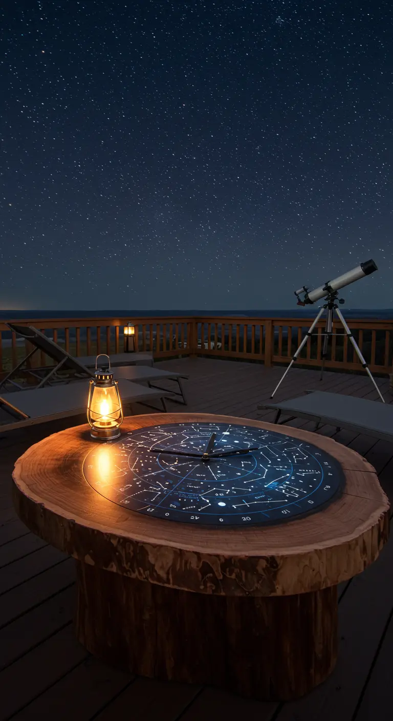A log slice table with a constellation map as the clock face, set up for stargazing at night.