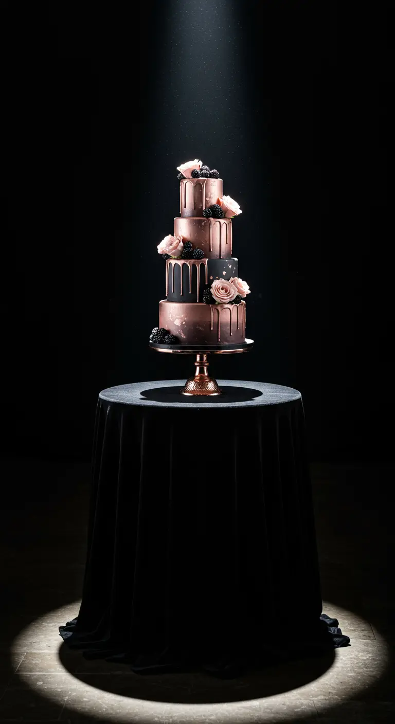 A multi-tiered black and rose gold cake on a black-draped table under a single spotlight.