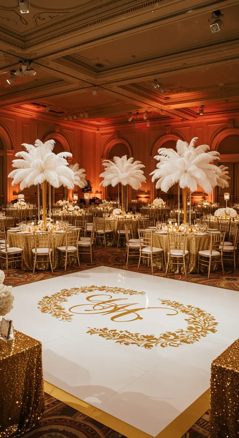 An elegant white dance floor with a custom gold monogram at a reception.