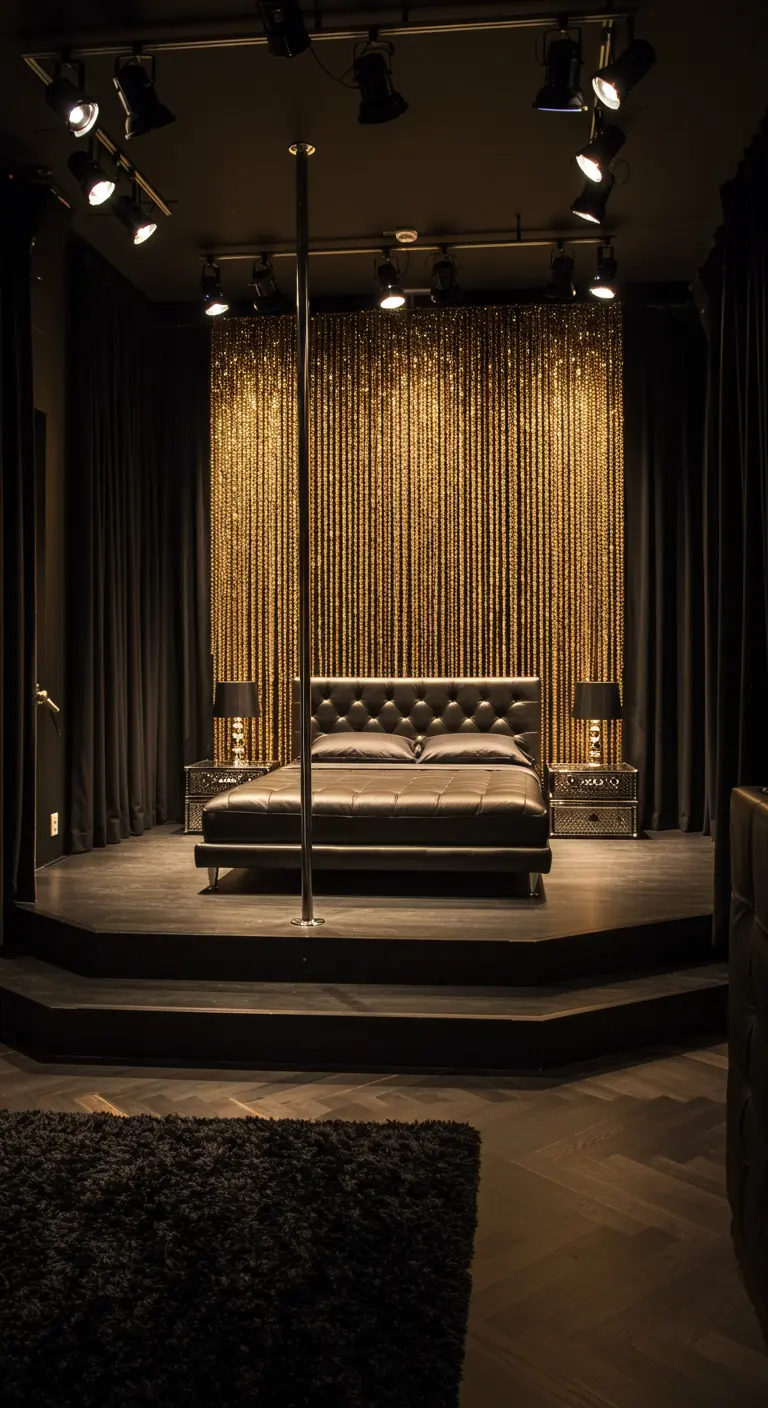 Bedroom with a leather bed on a raised stage and a gold bead curtain.