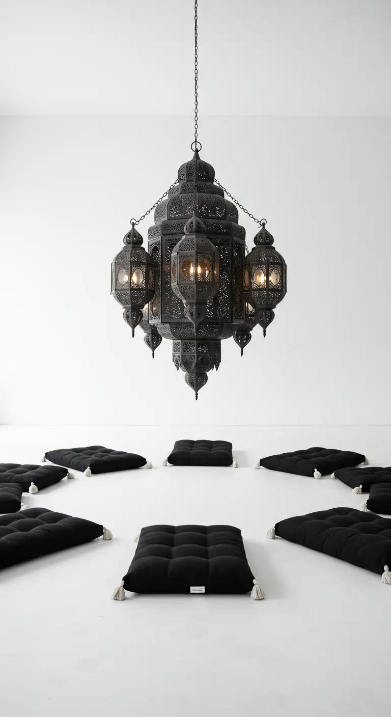 A huge Moroccan lantern chandelier hanging over a circle of black floor cushions in a white room.