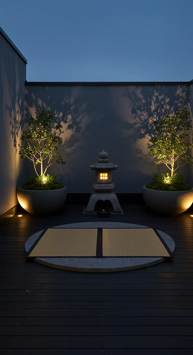 A Japanese-inspired rooftop corner with a stone lantern and two matching planters.