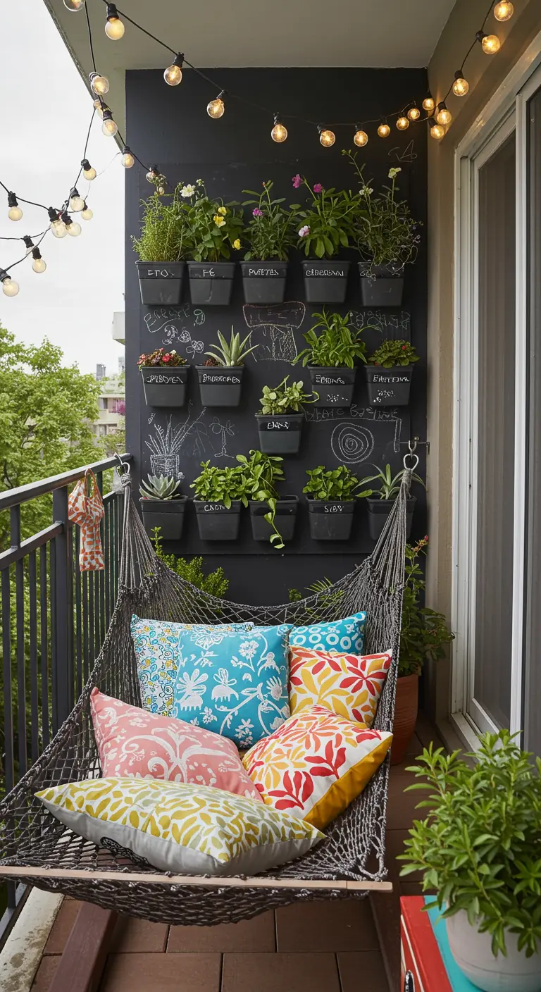 A balcony with a large chalkboard wall for labeling plants, filled with colorful pillows in a net hammock.