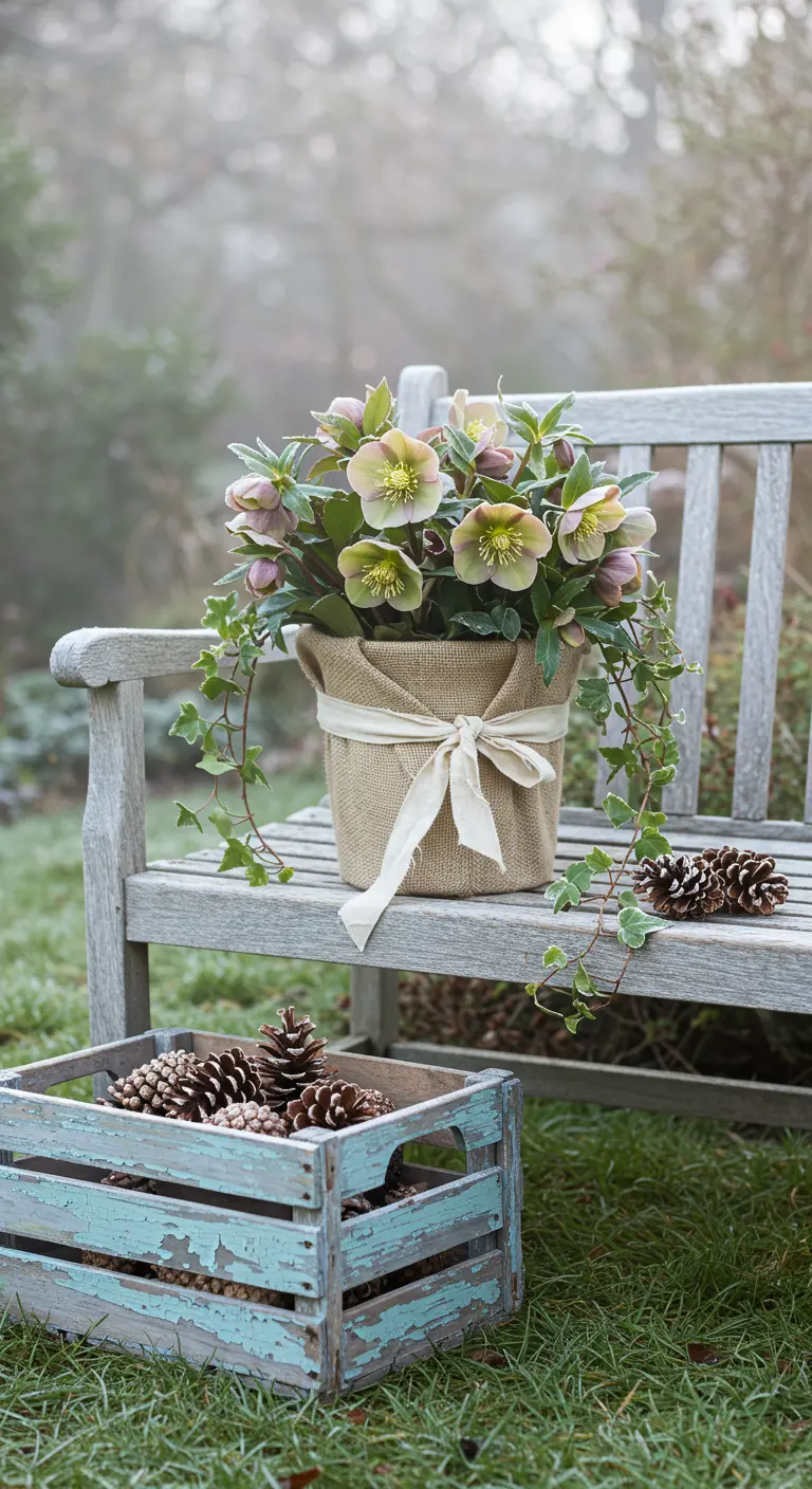 A pot of hellebores on a bench next to a distressed blue wooden crate filled with pine cones.
