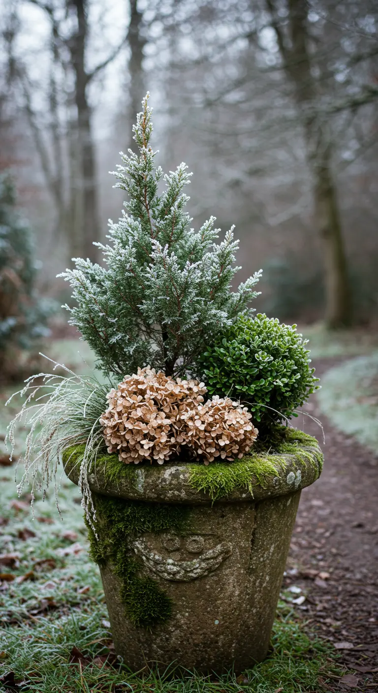 A weathered stone planter with a frosted conifer, boxwood, and dried hydrangeas.