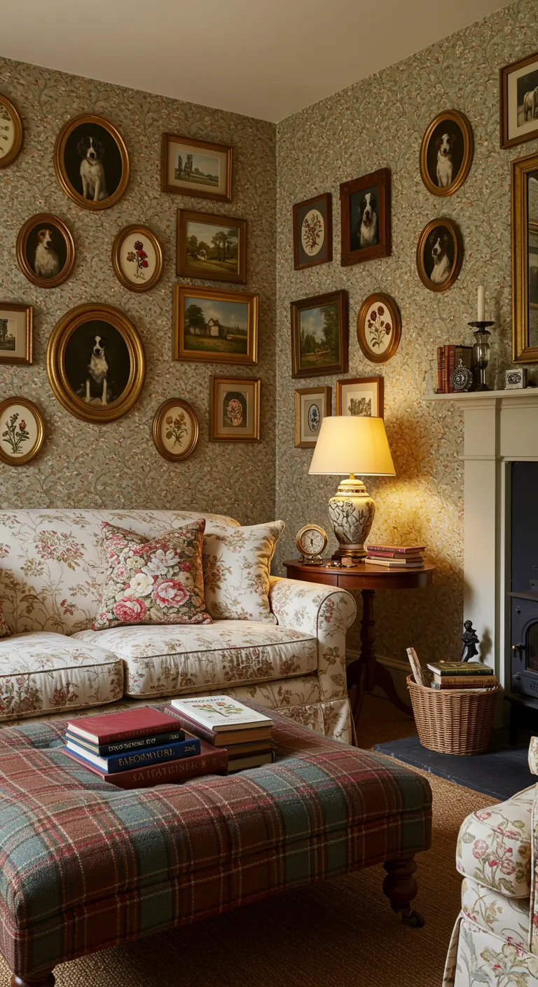 English country living room with floral wallpaper, a floral sofa, and a plaid ottoman.