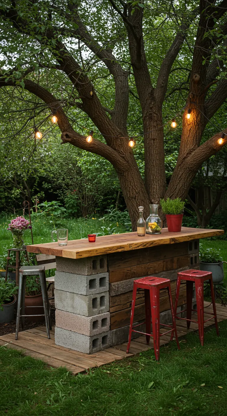 DIY garden bar with a cinder block base and a live-edge wood countertop.