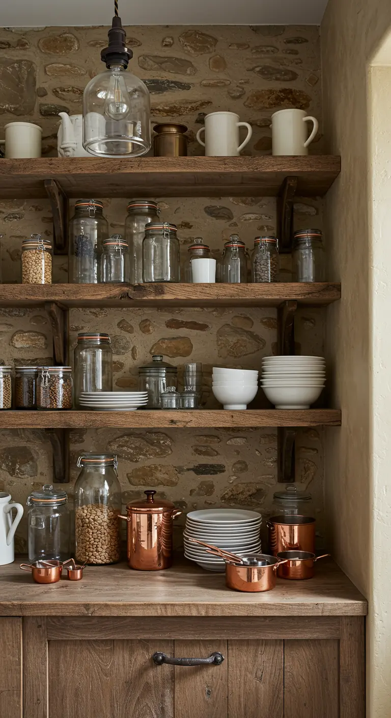 Rustic open shelving in a pantry filled with glass jars and copper pots.