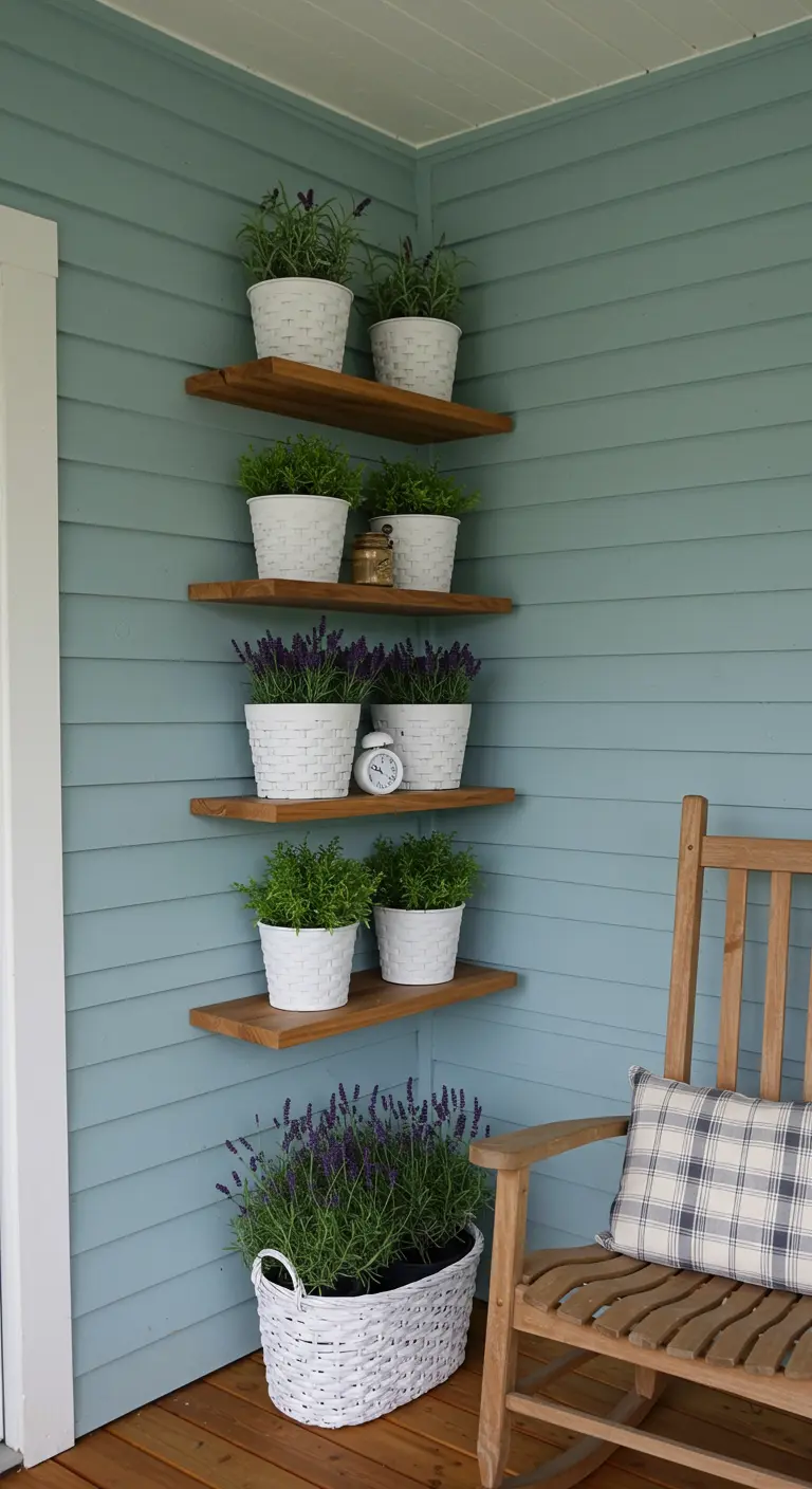 Teak shelves built into the corner of a blue-walled porch, holding pots of lavender.