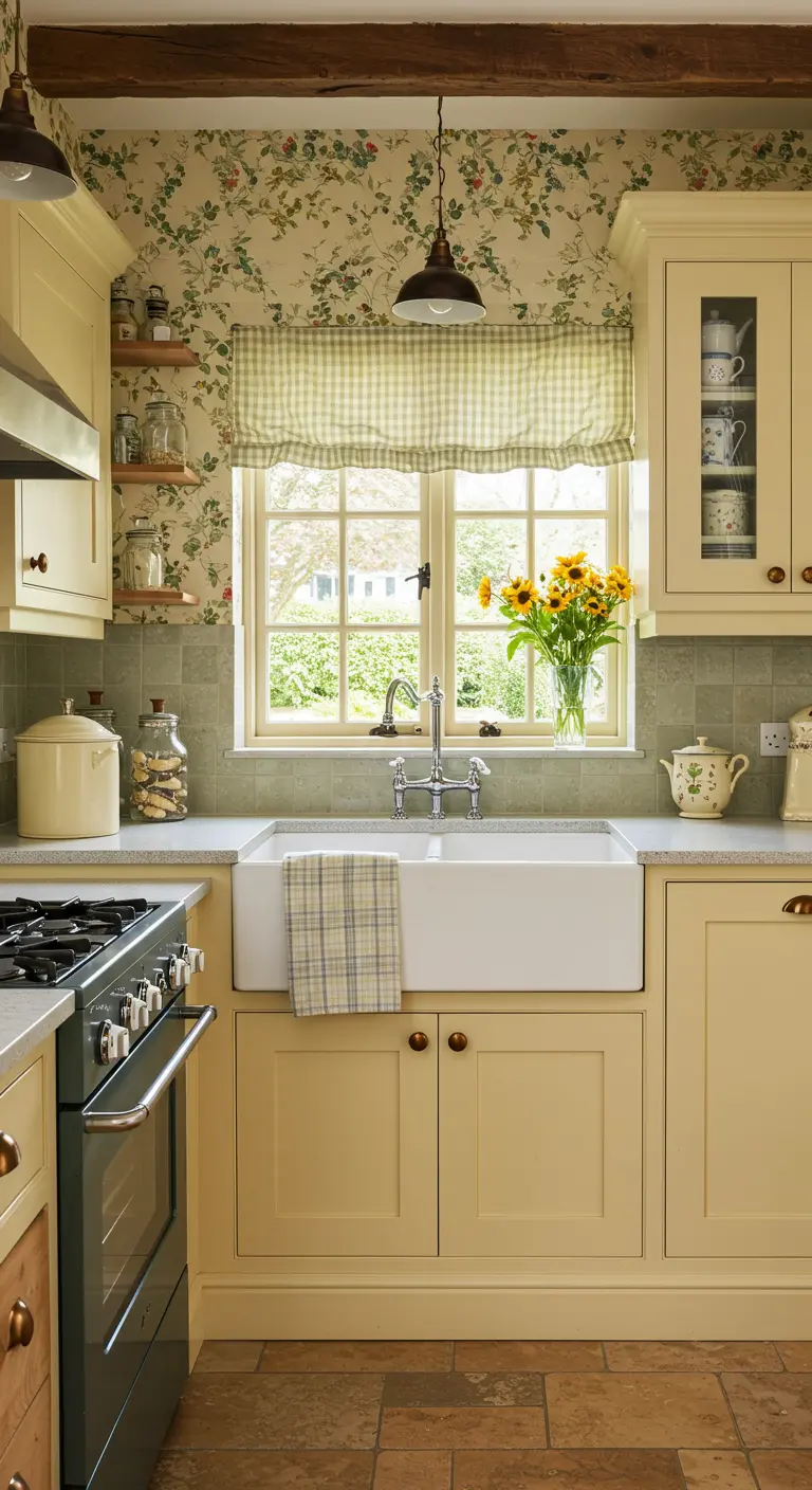 Country kitchen with butter-yellow cabinets, a gingham shade, and delicate botanical wallpaper.