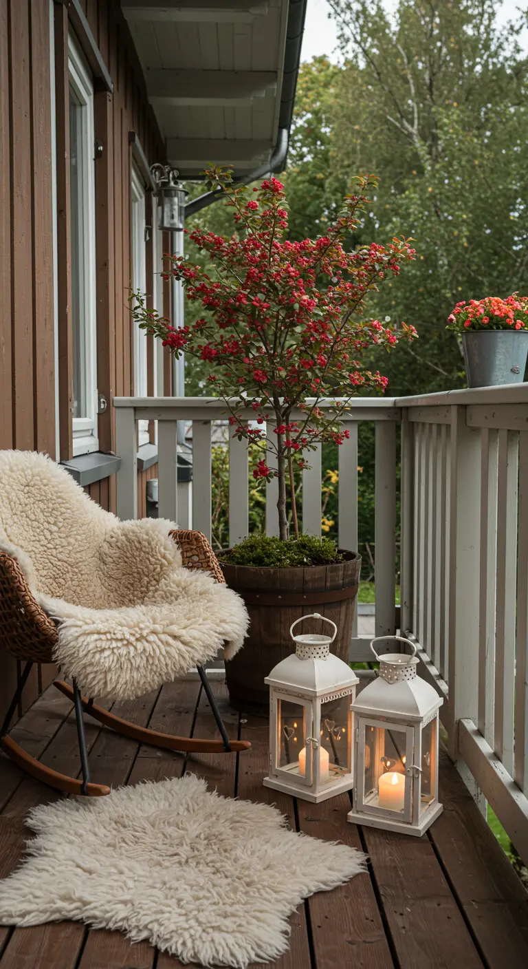 A cottage-style balcony with a rocking chair, sheepskin throw, and a flowering crabapple tree.