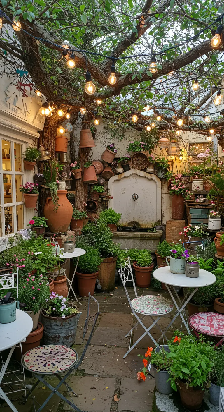 A cluttered, charming patio with bistro sets, a wall fountain, and an abundance of potted plants.
