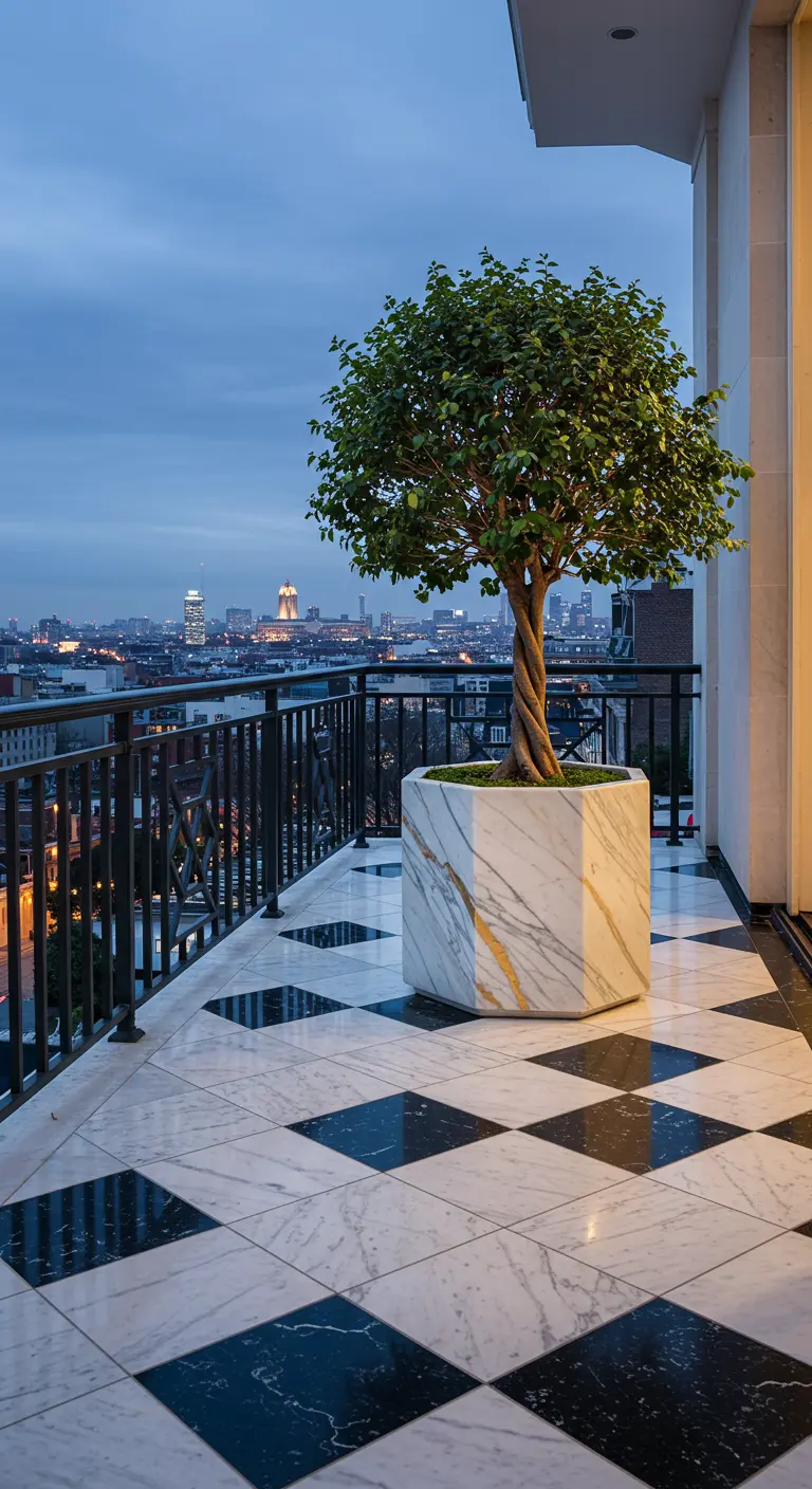 A ficus tree in a gold-veined marble pot on a black-and-white checkerboard floor.