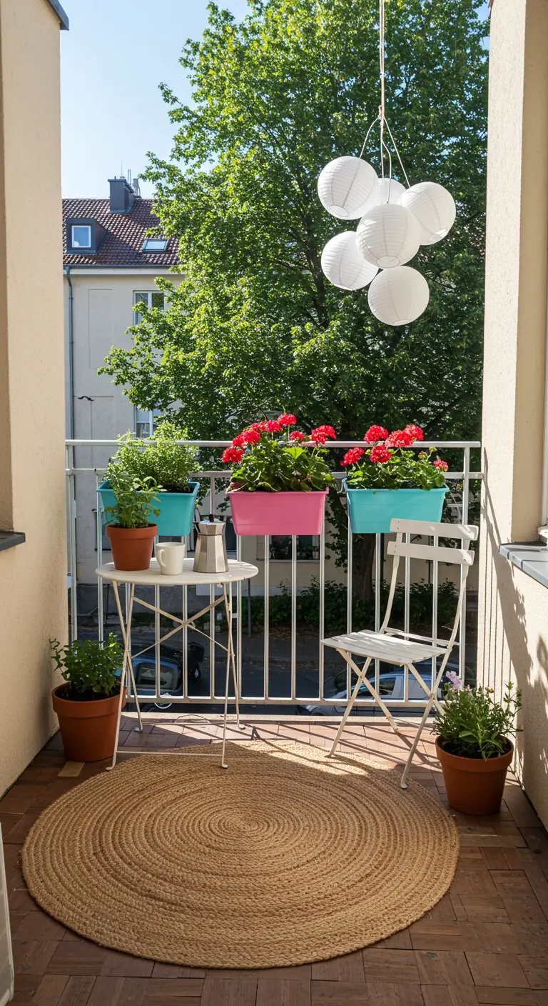 A small balcony with a white bistro set, round jute rug, and colorful railing planters.