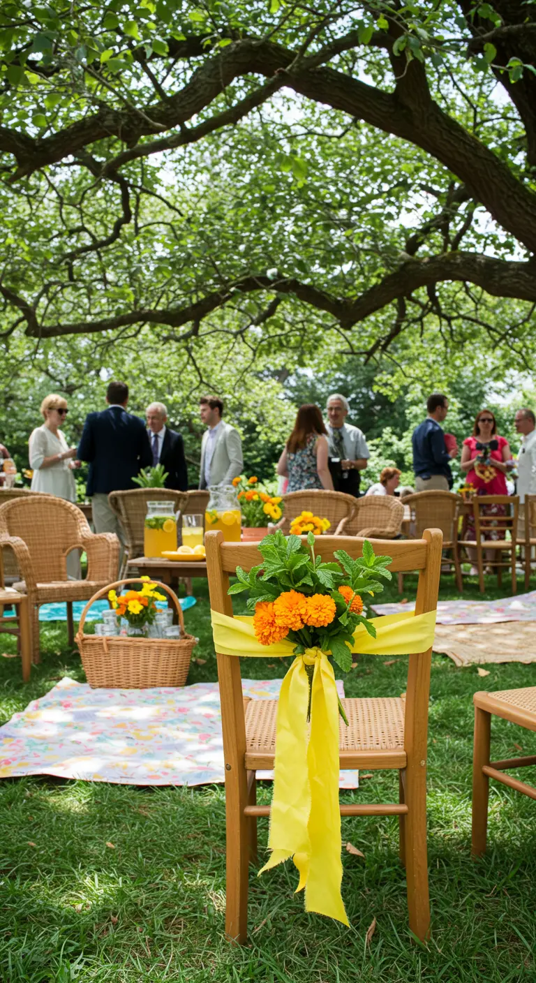 A wooden chair in a garden with a bright yellow ribbon tying a posy of orange marigolds and mint.