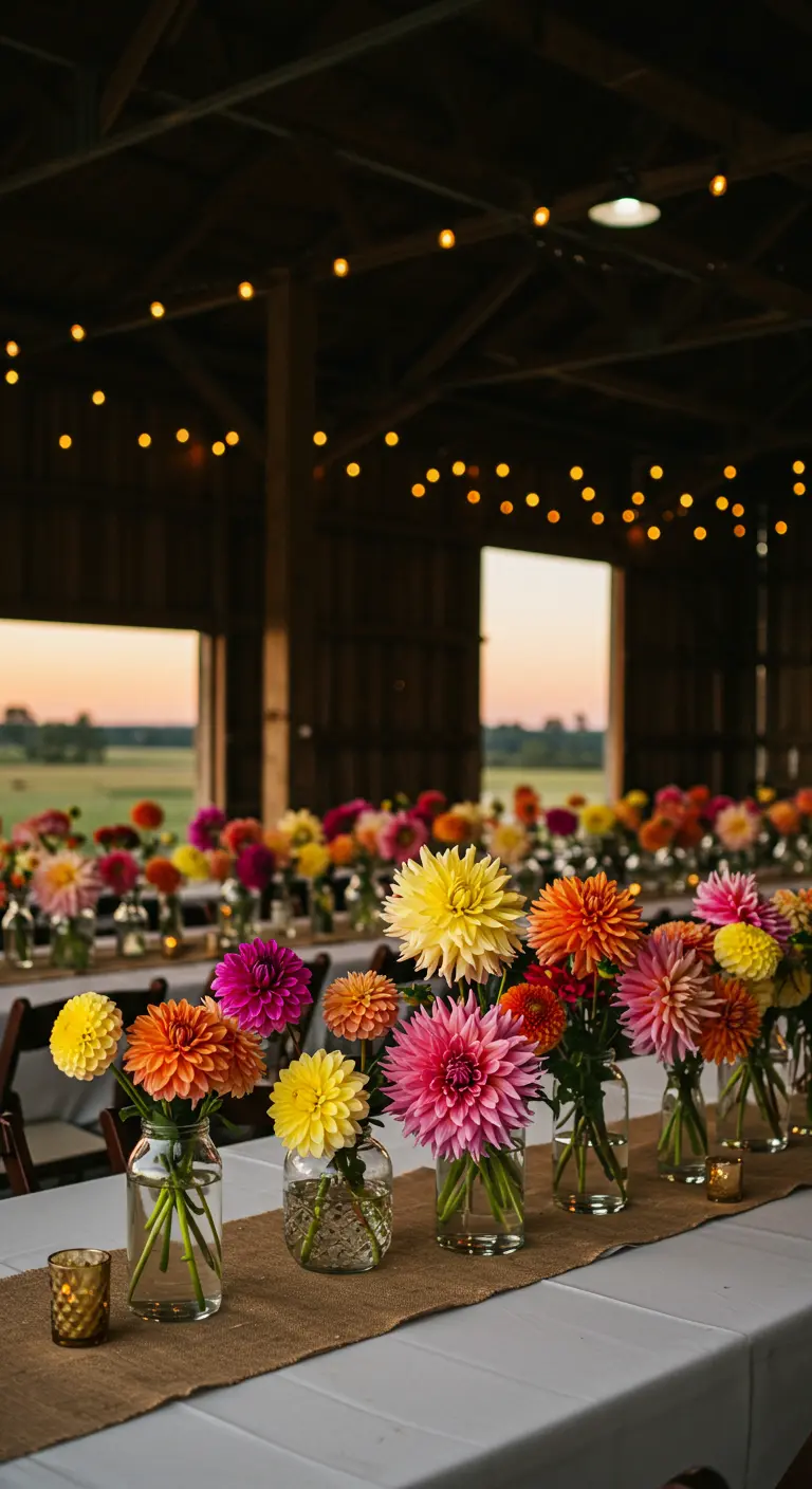 A row of glass jars each holding a single, colorful dahlia stem.