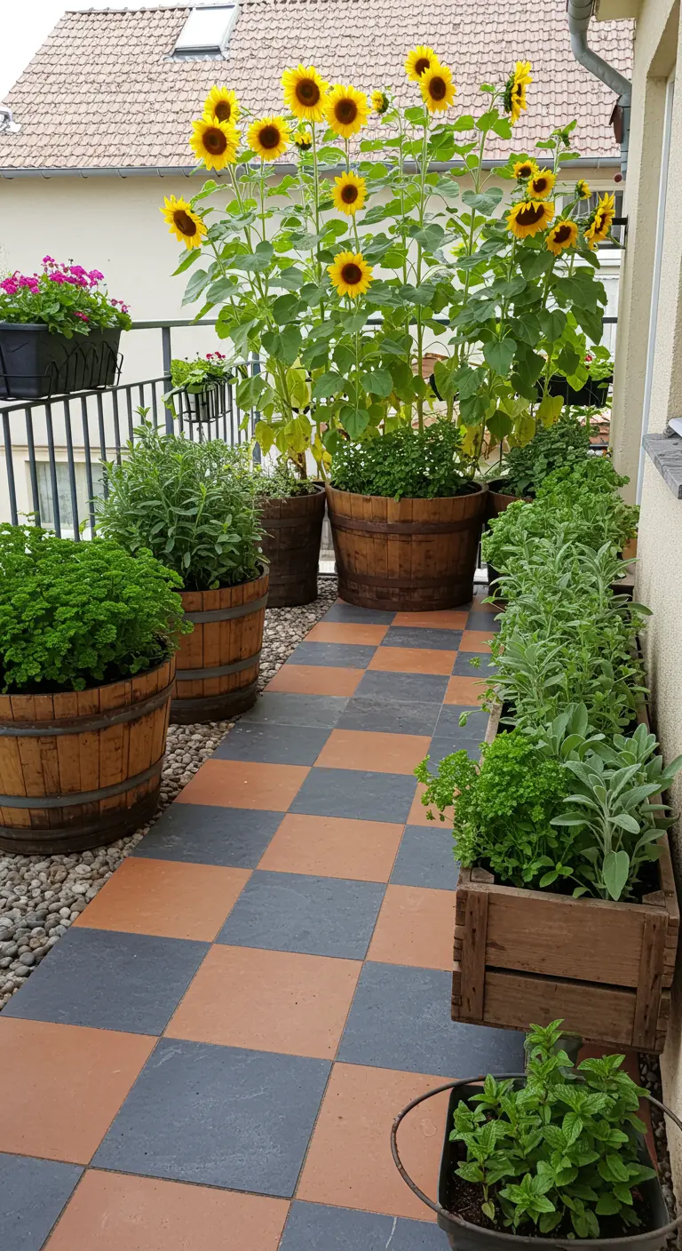 A balcony with large sunflowers in barrels and a checkered floor.