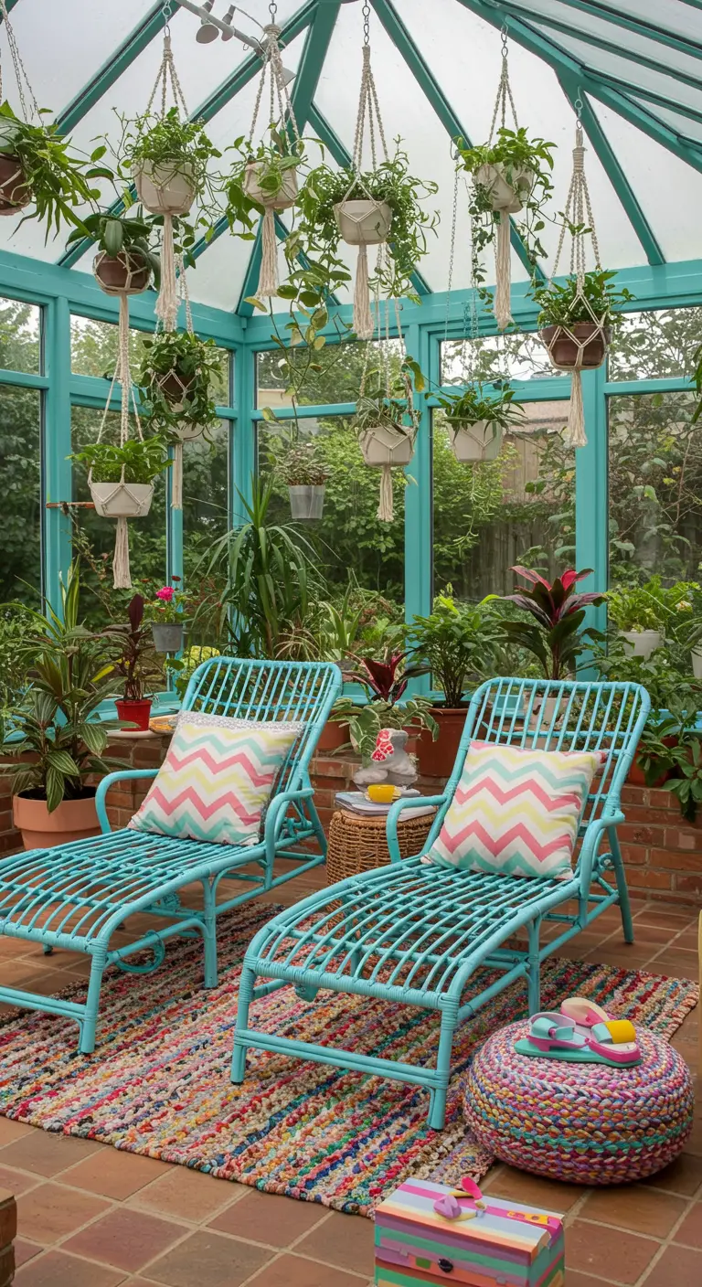 A bright sunroom filled with turquoise rattan loungers and dozens of hanging plants.