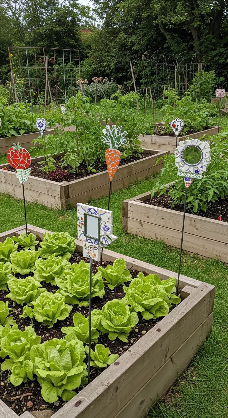 Mosaic garden markers shaped like vegetables, placed in raised beds of lettuce and tomatoes.