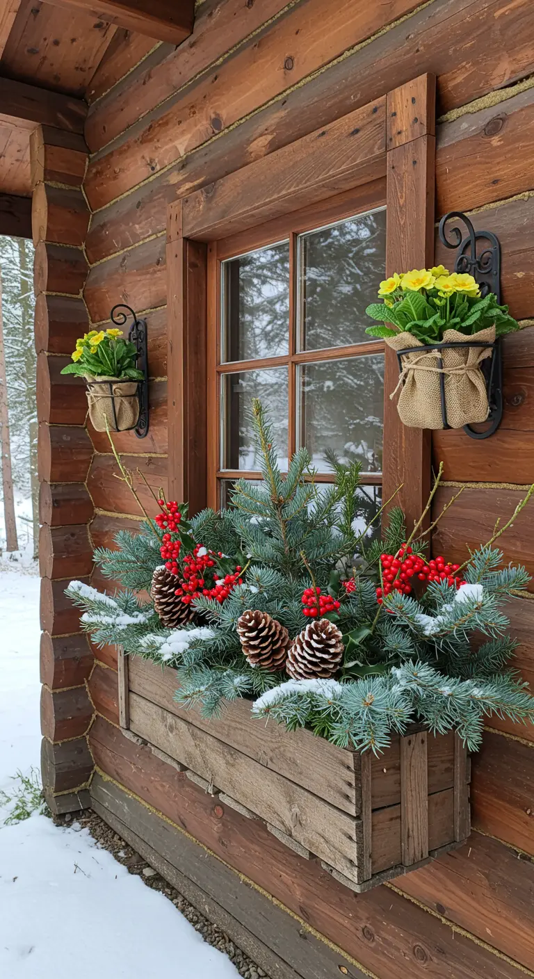 A wooden window box with fir, red berries, and pine cones below a window on a log cabin.