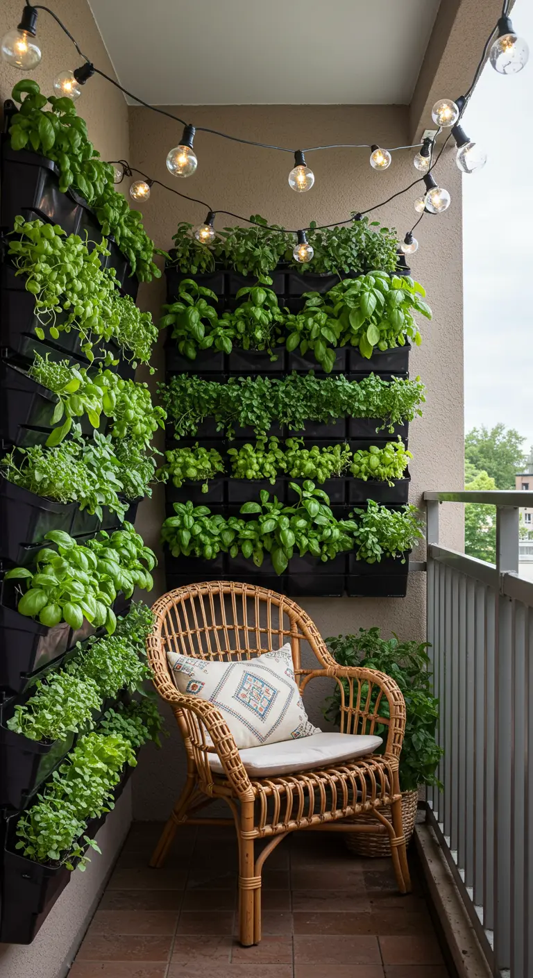 A rattan armchair next to a lush vertical wall garden filled with fresh green herbs.