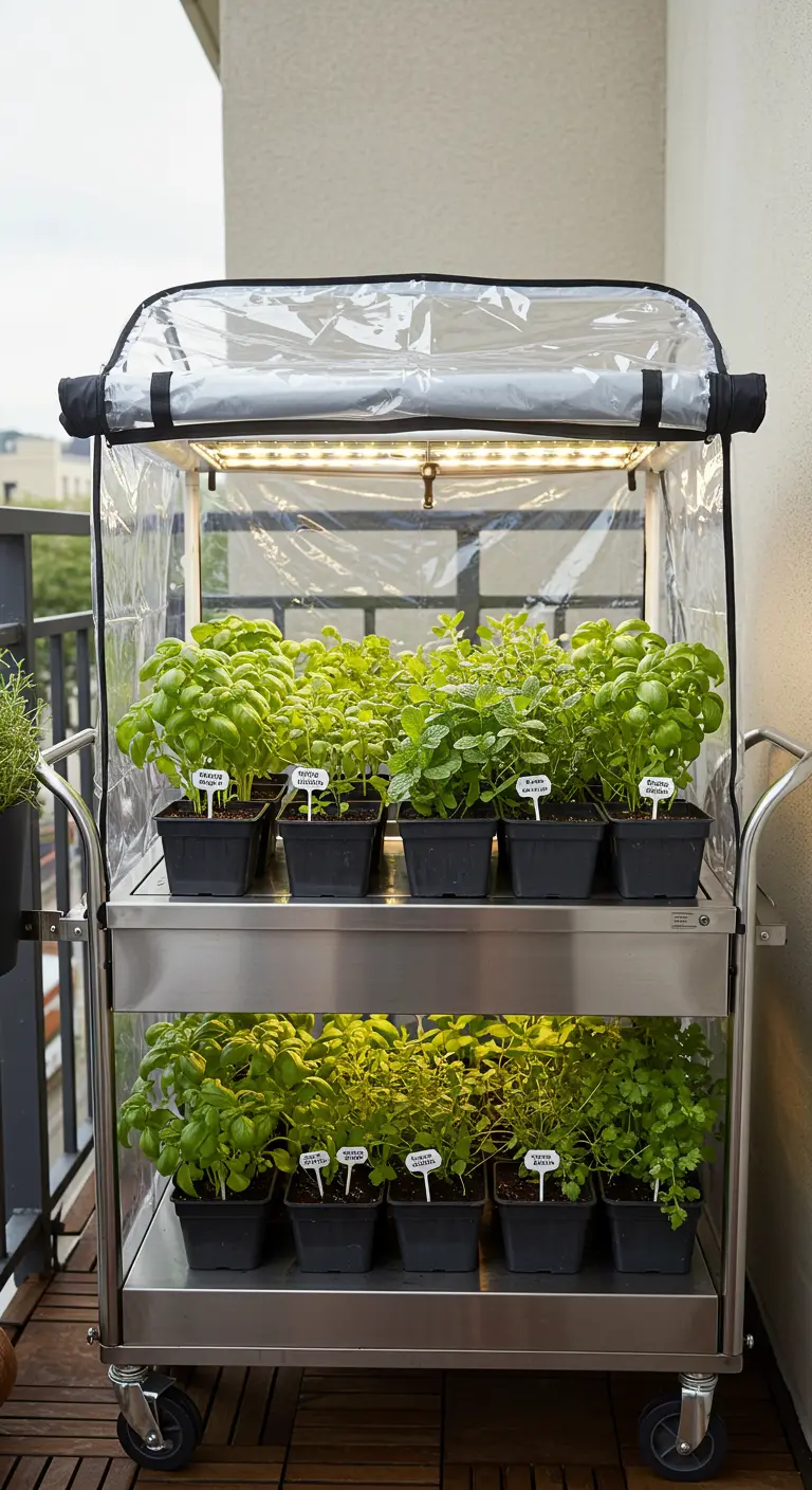 A stainless steel kitchen trolley converted into a mobile greenhouse for fresh herbs.