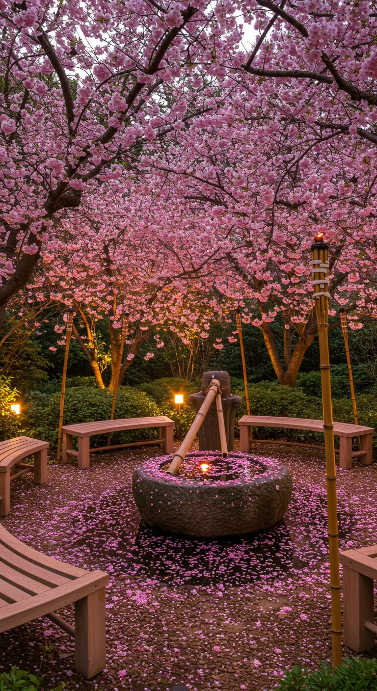 A seating circle under blooming pink cherry blossom trees, with petals covering the ground.