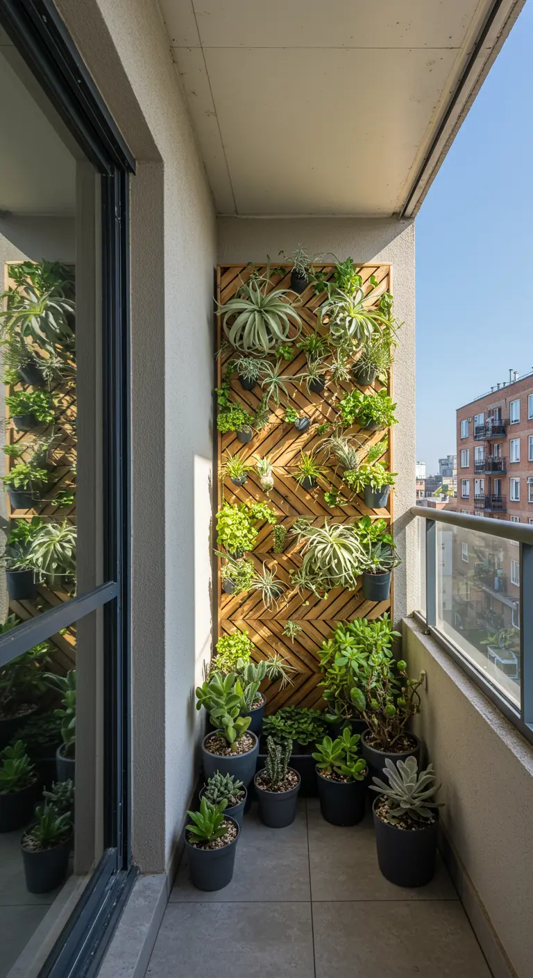 Narrow balcony with a vertical garden on a chevron-patterned wooden wall.