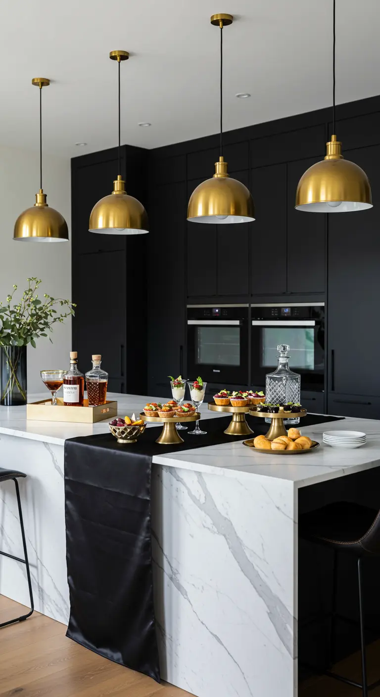 Modern kitchen island with a black runner, serving appetizers and drinks.
