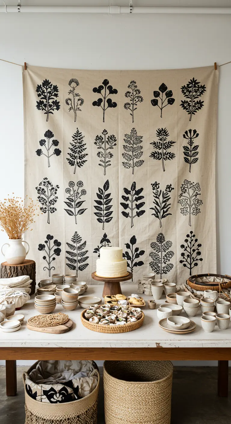 A large canvas banner with black block prints of various leaves