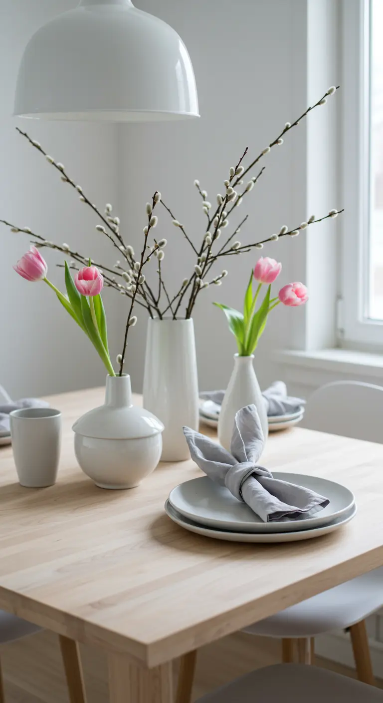 Simple place setting with a grey linen napkin folded into bunny ears.