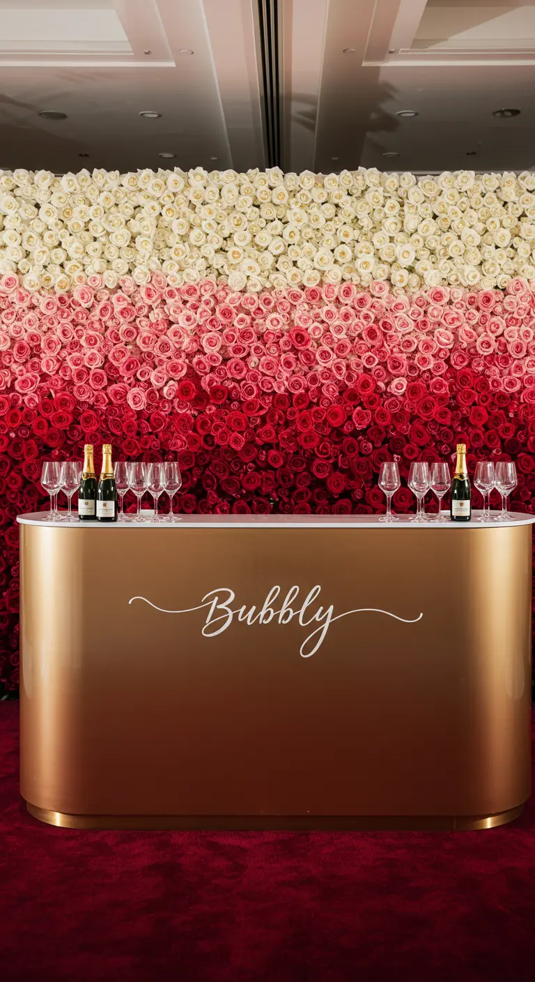 A chic bar labeled 'Bubbly' in front of an ombré red and white rose wall.