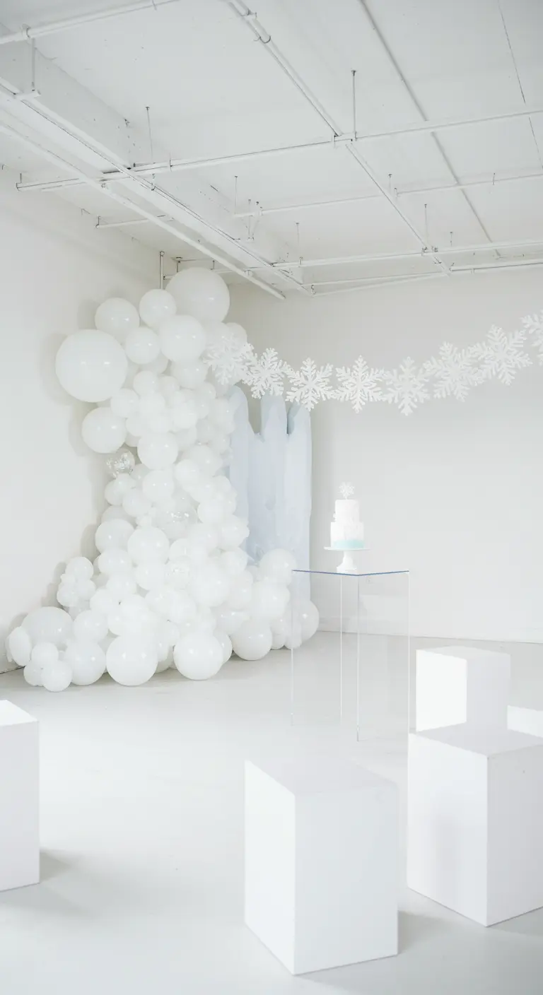 A minimalist all-white balloon cascade against a white wall next to a clear cake stand.