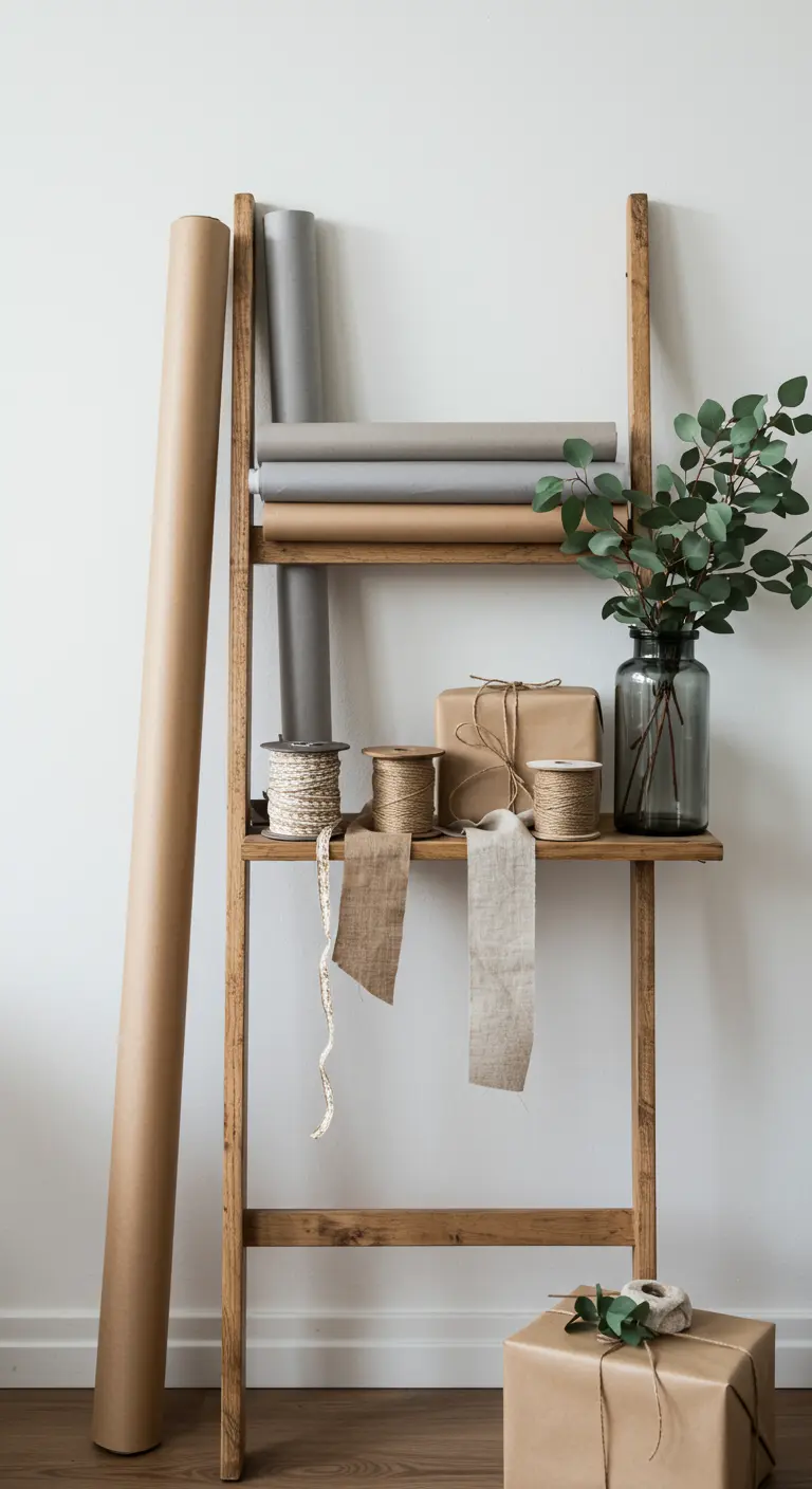 A wooden ladder shelf used as a gift wrap station with kraft paper and neutral ribbons.