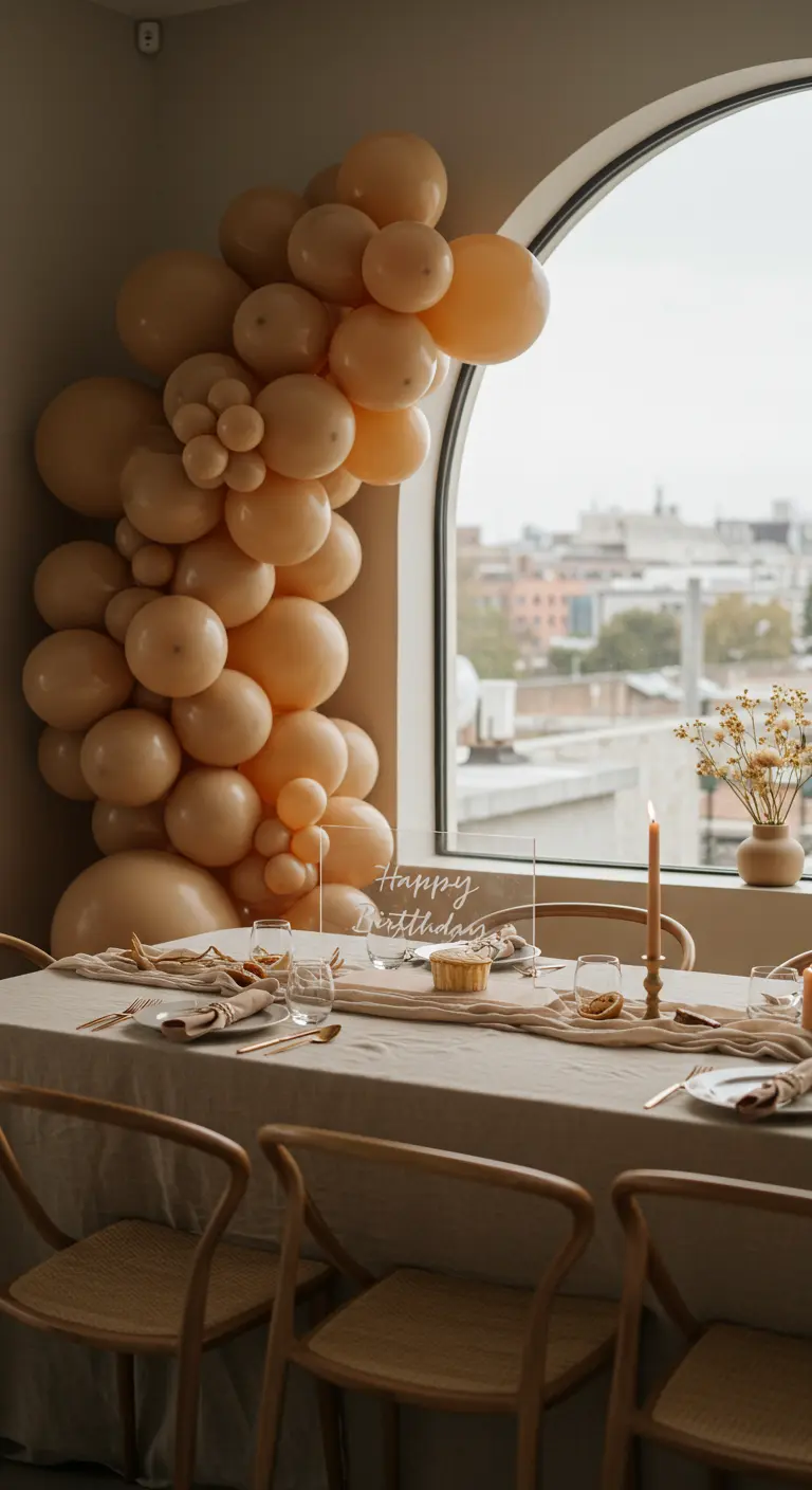 A simple nude balloon garland framing a window for a minimalist birthday.