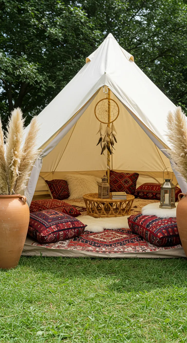 The interior of a canvas tent filled with rugs and pillows, creating a cozy boho lounge.