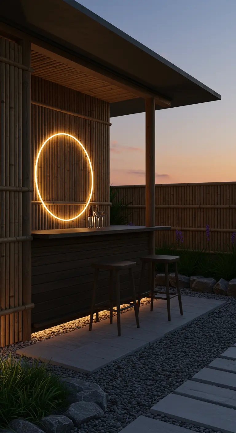 Zen garden bar with bamboo walls and a minimalist circular neon light.