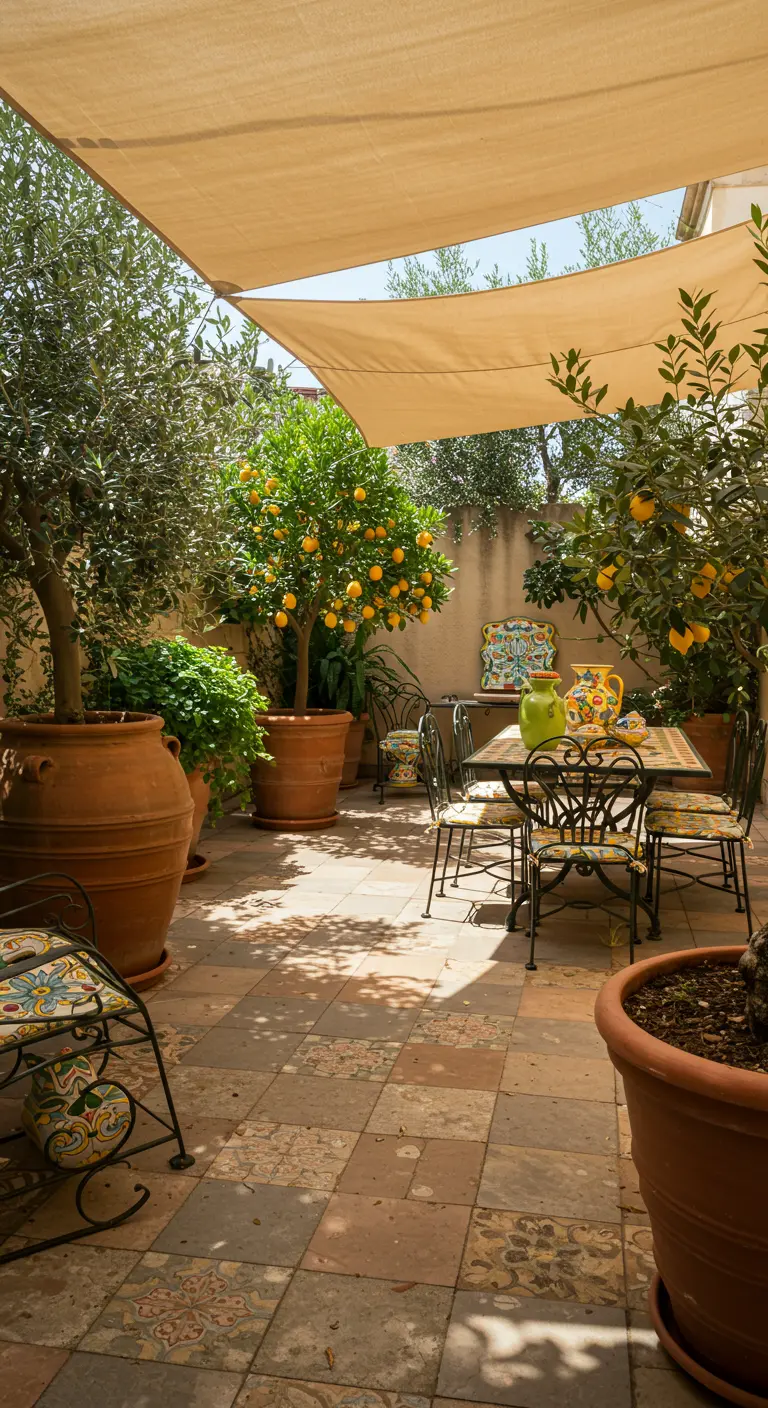 A sunny courtyard filled with potted olive and lemon trees, with a dining table.