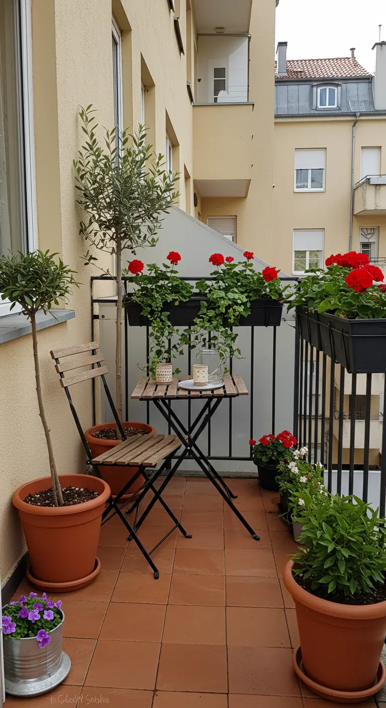 A small city balcony with a bistro set, railing planters with red geraniums, and potted olive trees.