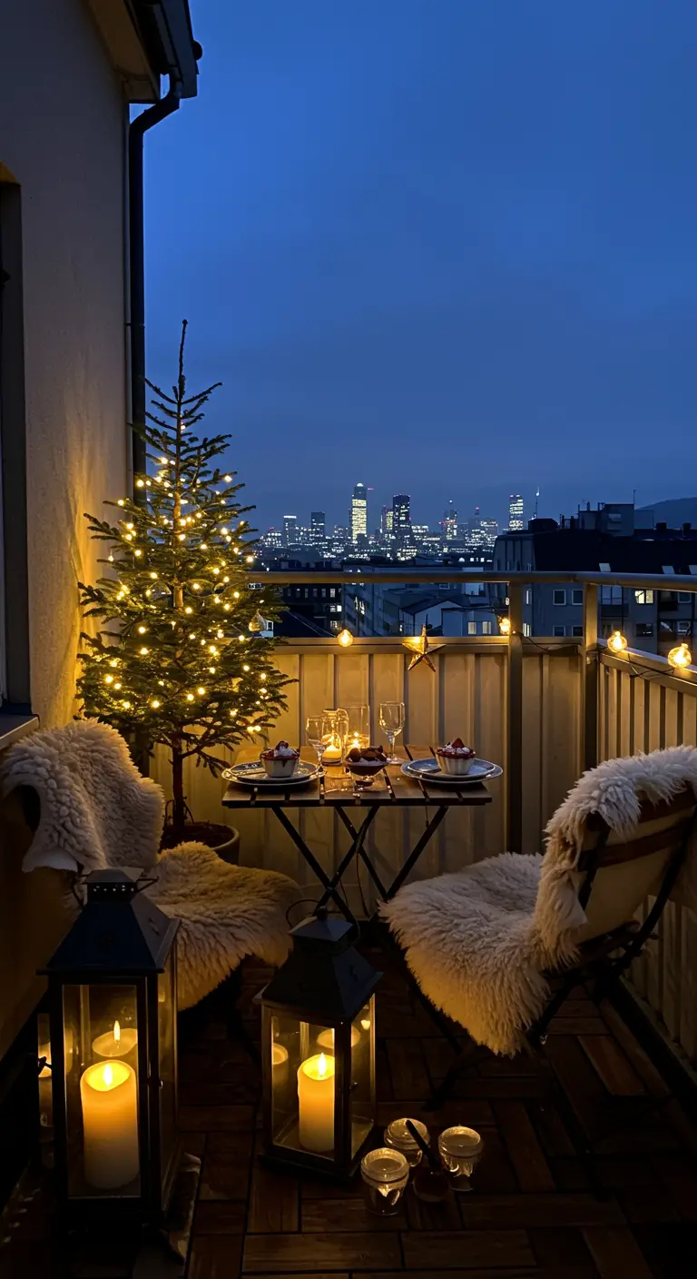A balcony set for a romantic dinner for two, overlooking a city skyline at night.