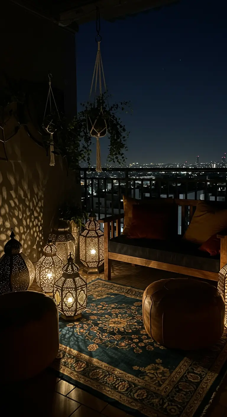A balcony at night with a city view, a wooden bench, and glowing Moroccan lanterns.