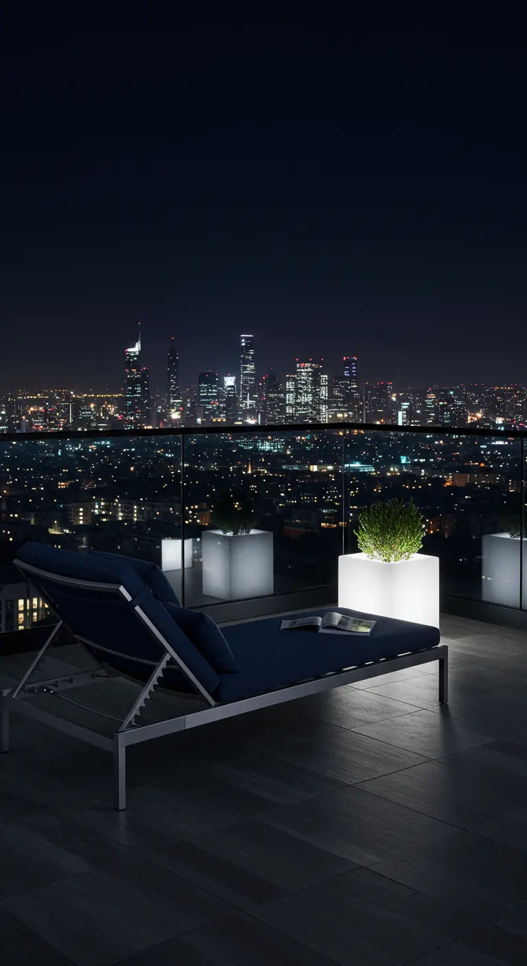 A chaise lounge on a city balcony at night, flanked by glowing white cube planters.