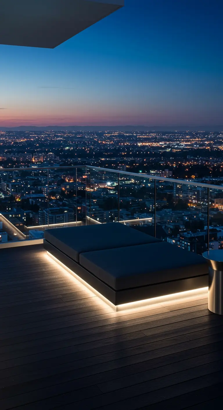 Rooftop daybed with warm LED underglow overlooking a city at night.