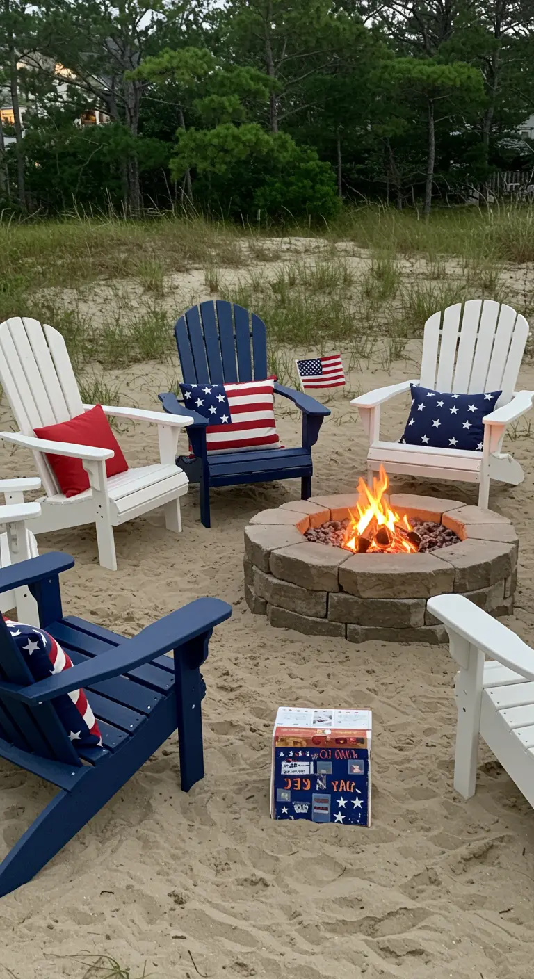 Red, white, and blue Adirondack chairs arranged around a stone fire pit on the beach.