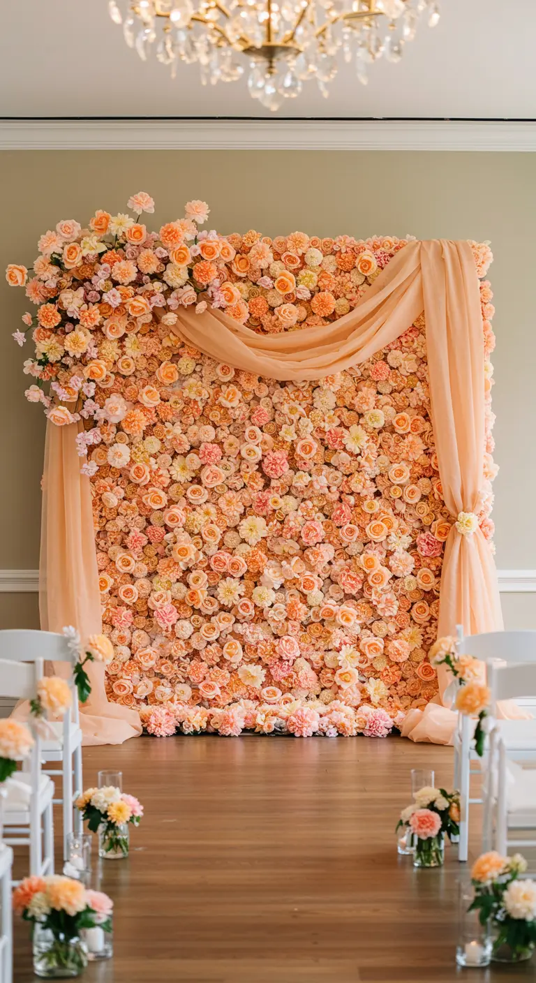 Square peach flower wall with a single piece of tulle draped asymmetrically.
