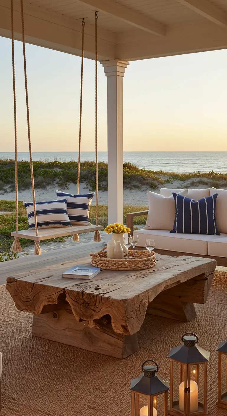Covered porch with a driftwood coffee table, rope swing, and view of the ocean at sunset.