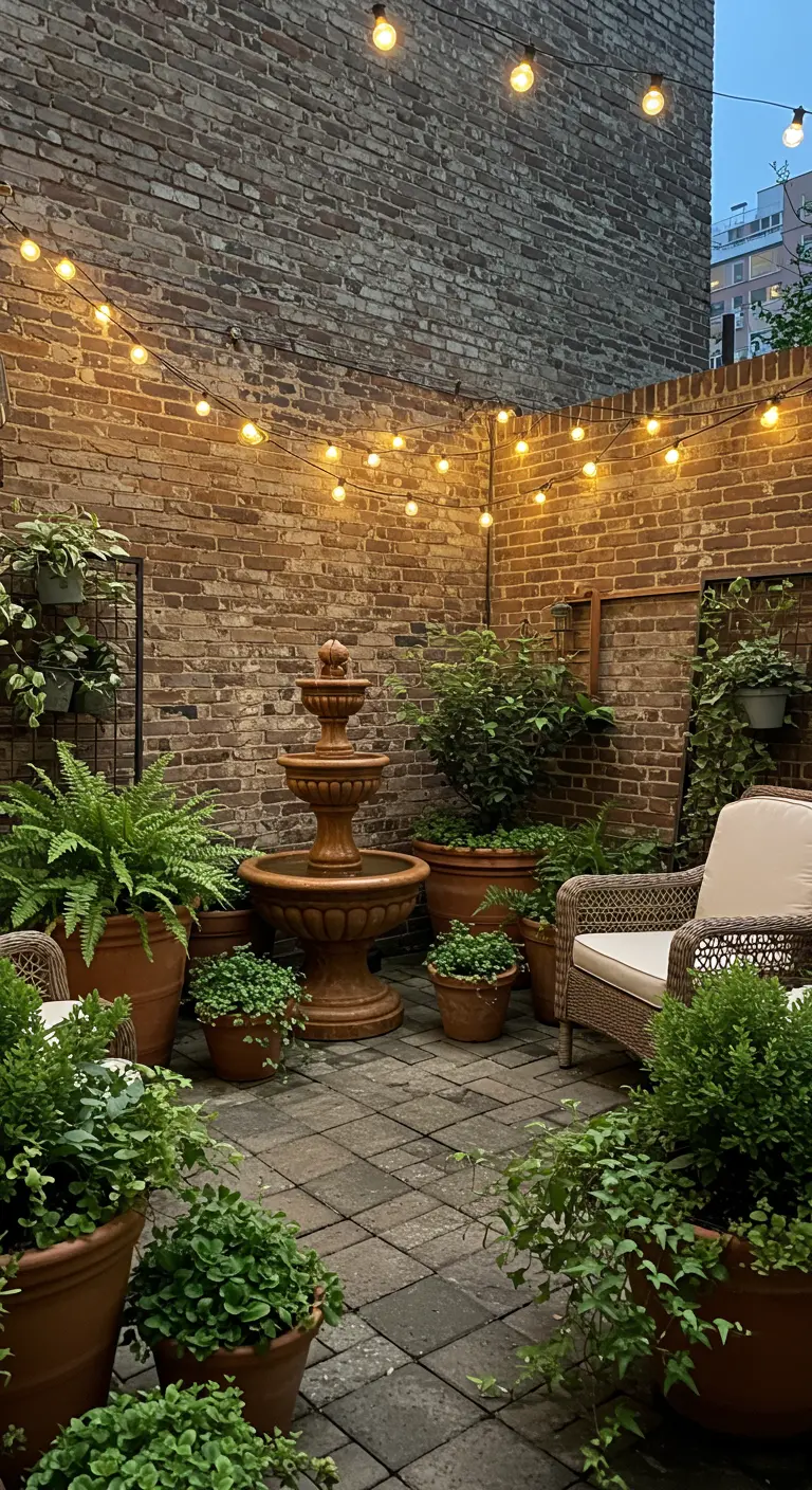 Brick courtyard at dusk with terracotta pots, a fountain, and warm string lights.