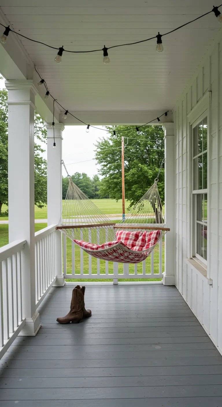 A red and white gingham hammock on a classic white farmhouse porch.