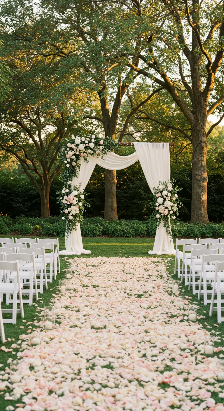 Classic garden wedding altar with white draping, lush florals, and a dense rose petal aisle.