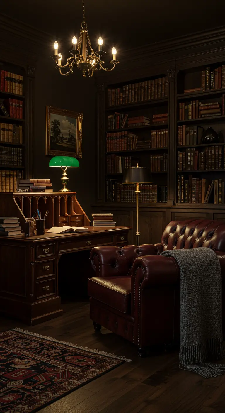 A moody, traditional library with dark wood bookshelves, a large desk, and a leather armchair.